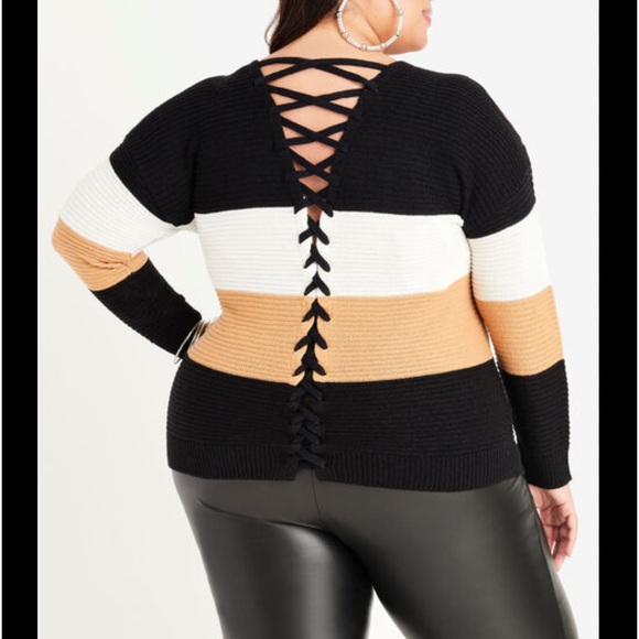 NWOT Plus Size size 3x color block vneck sweater with lace up back trendy - Picture 1 of 9